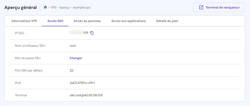 identifiants de connexion SSH dans le tableau de bord VPS d'Hostinger