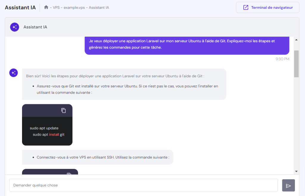L'assistant IA de Hostinger VPS explique les étapes et les commandes pour déployer Laravel