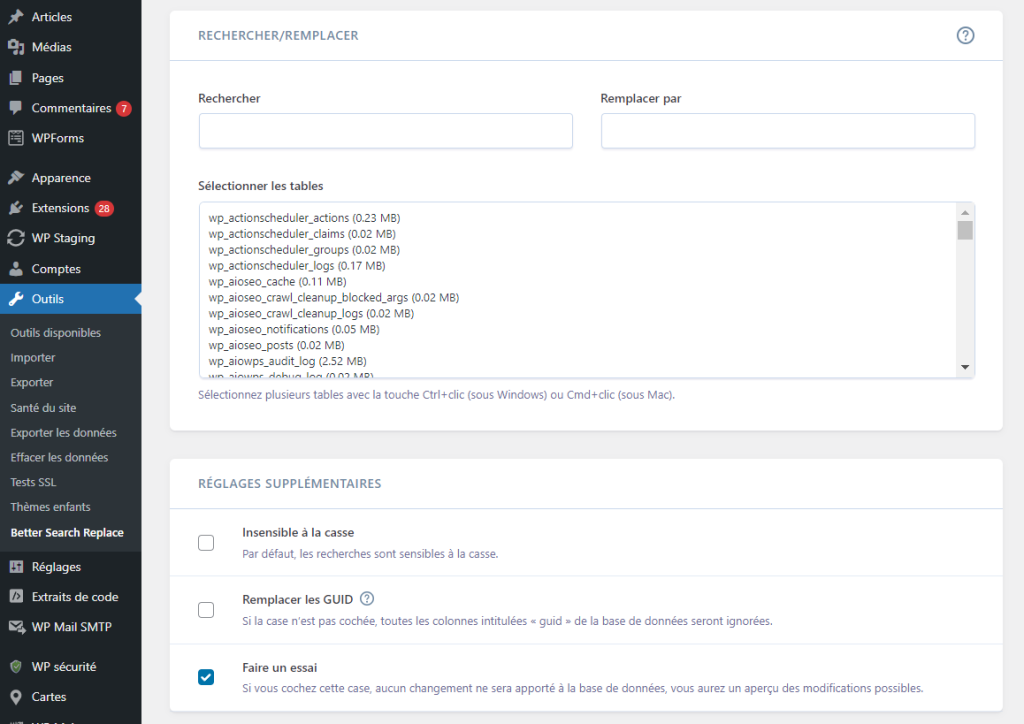 L'interface du plugin Better Search Replace dans le tableau de bord de WordPress
