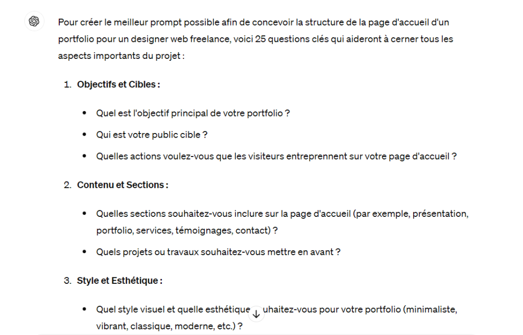 Exemple de questions que ChatGPT peut poser pour aider à suggérer une structure de site web