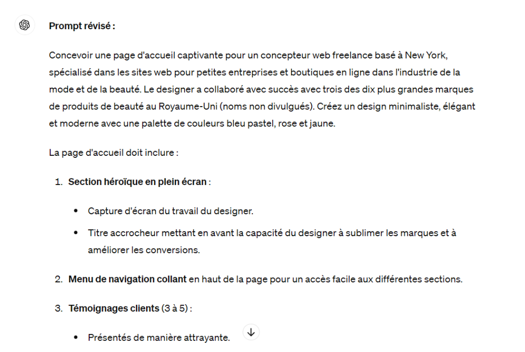Exemple d'une invite de conception web révisée pour ChatGPT