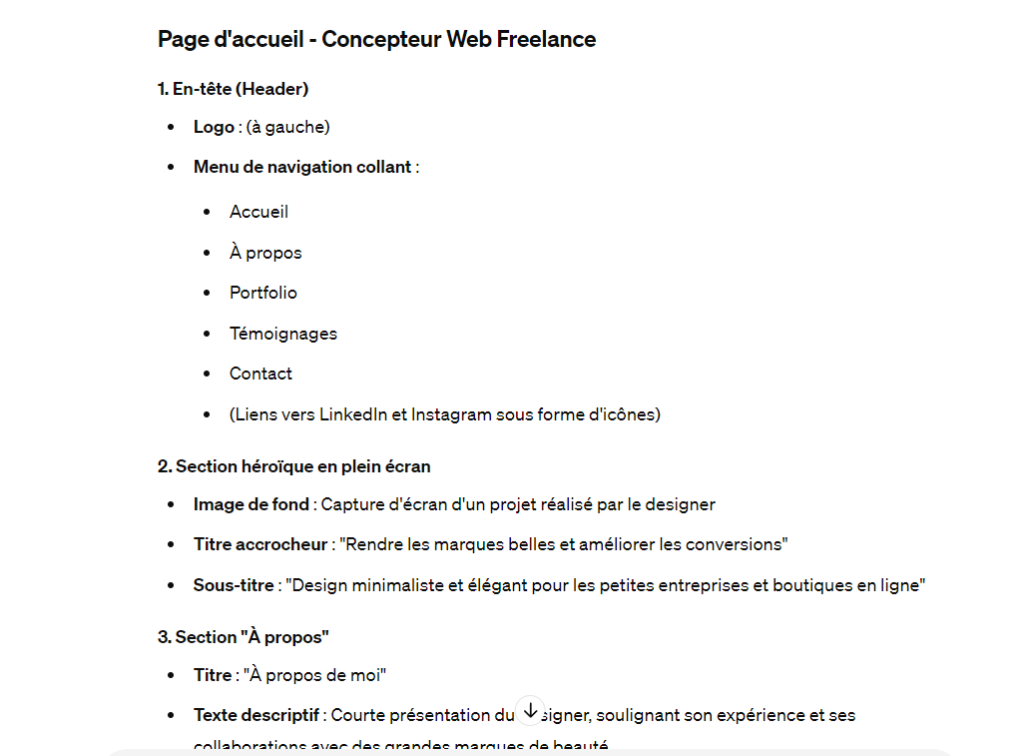 Exemple de structure de conception web suggérée par ChatGPT