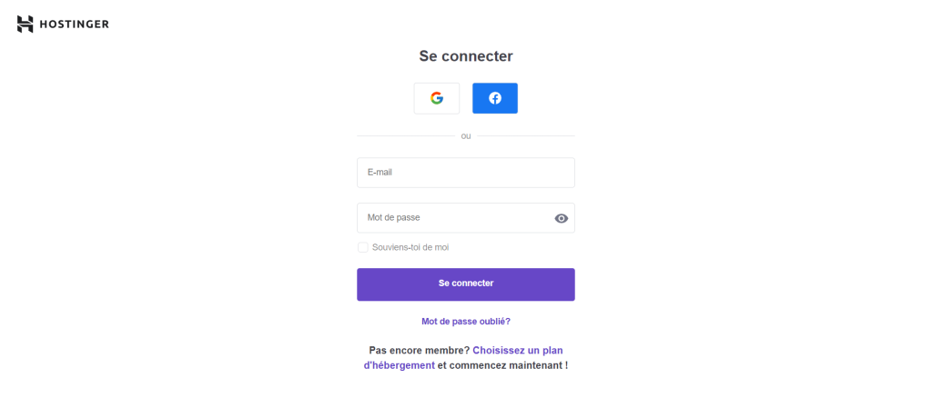 Page de connexion hPanel