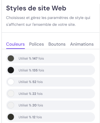 Onglet Couleurs du menu des styles de site web