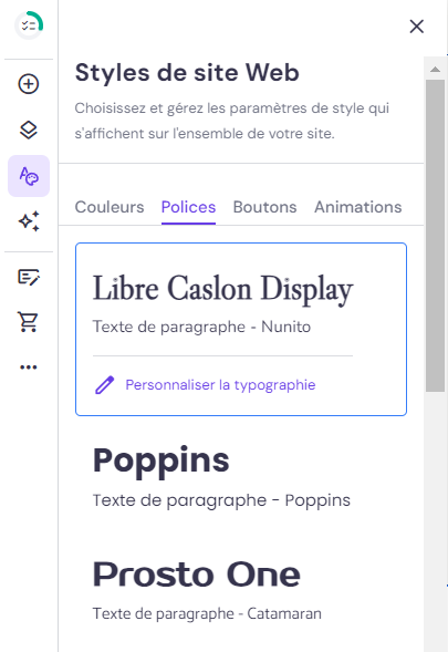 Styles de site web - menu des polices