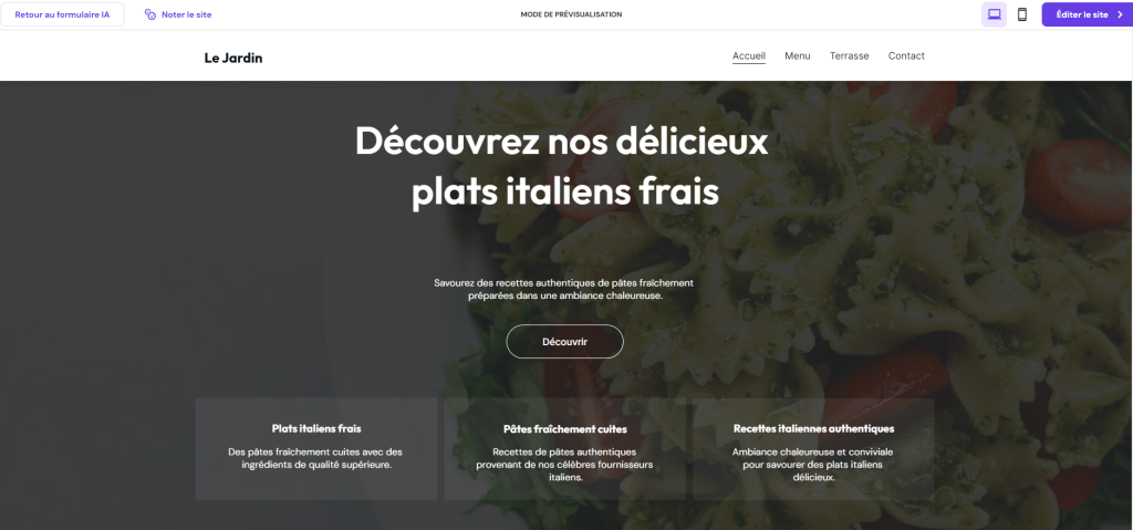 Exemple d'un template de présentation d'un restaurant italien généré par le créateur de site web Hostinger