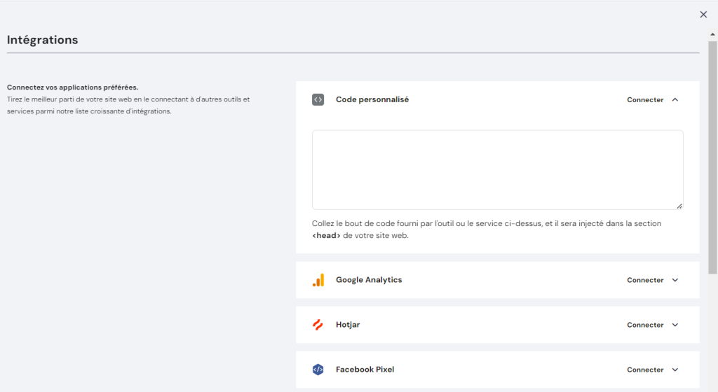 Paramètres des intégrations du constructeur de sites Web Hostinger