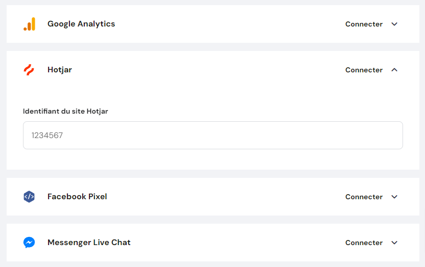 les paramètres d'intégration de Hotjar