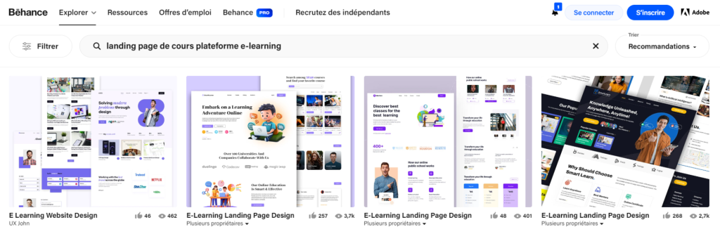 Page d'exploration du design web de Behance montrant les résultats de recherche de landing page du cours en ligne.