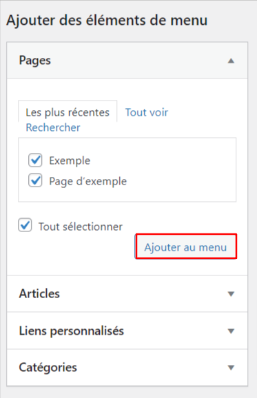 Ajouter de nouvelles pages au menu nouvellement créé