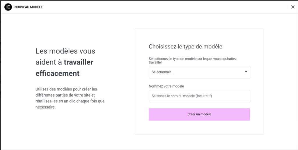 Choisir un type de modèle de page sur Elementor