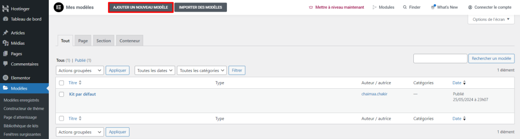 La section des modèles sauvegardés dans Elementor