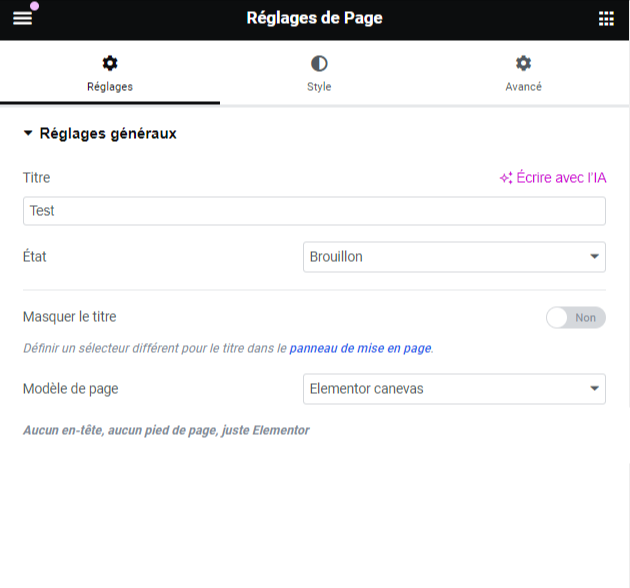 La fenêtre de réglages des pages sur Elementor