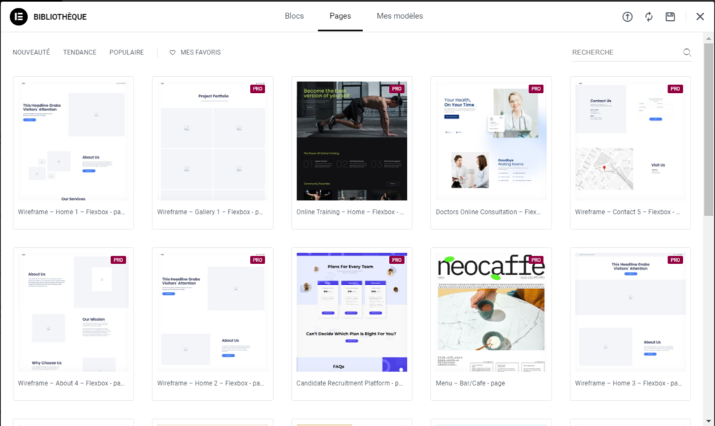 Pages de la bibliothèque d'Elementor