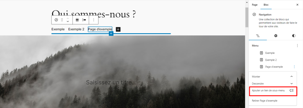 Le lien Ajouter un lien de sous-menu dans les paramètres du bloc Navigation dans l'éditeur du site