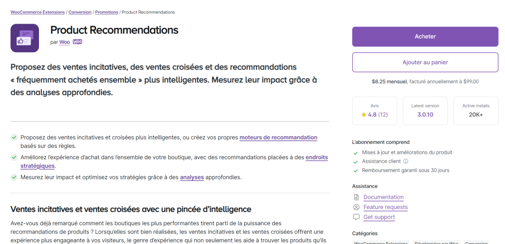 Landing page de l'extension Recommandations de produits de WooCommerce