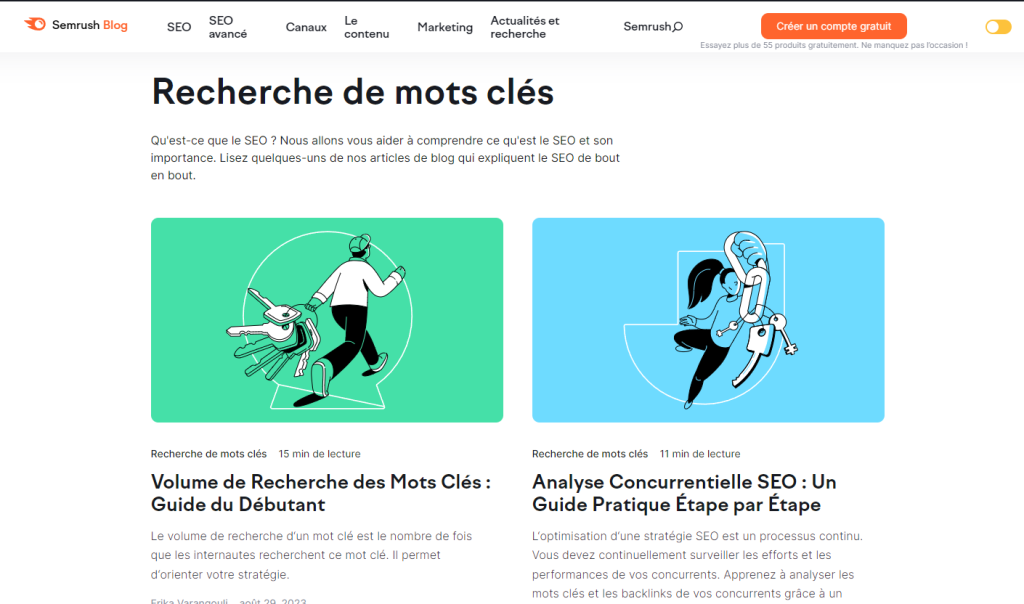 Section de recherche de mots-clés sur le blog Semrush