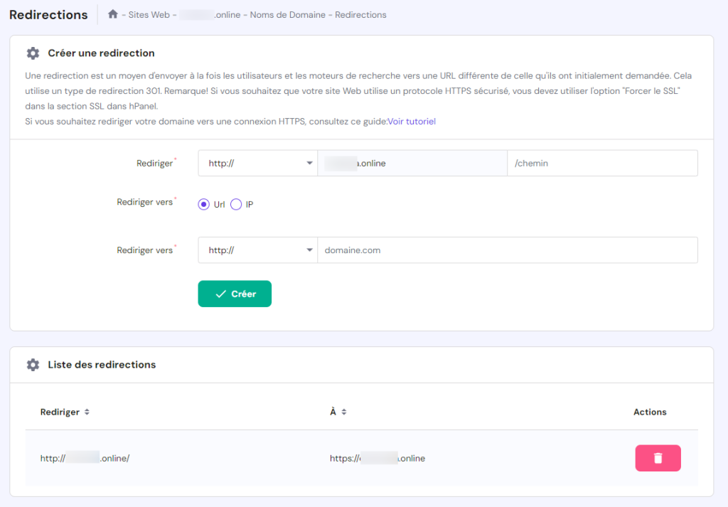 La section Redirections dans hPanel