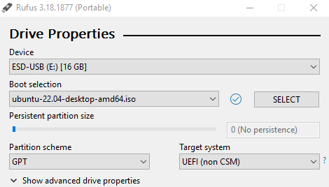 Section Propriétés du drive du programme Rufus