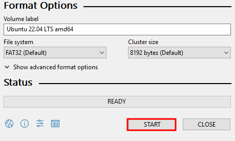 Section Options de format du programme Rufus