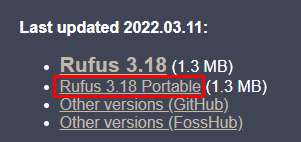Page officielle de téléchargement de Rufus 3.18 Portable.