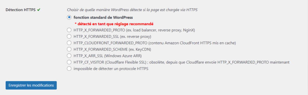 La section de détection HTTPS du plugin SSL Insecure Content dans le tableau de bord de WordPress