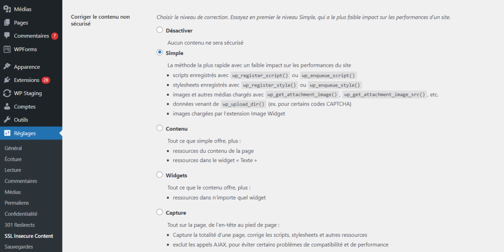 La page de configuration du plugin SSL Insecure Content