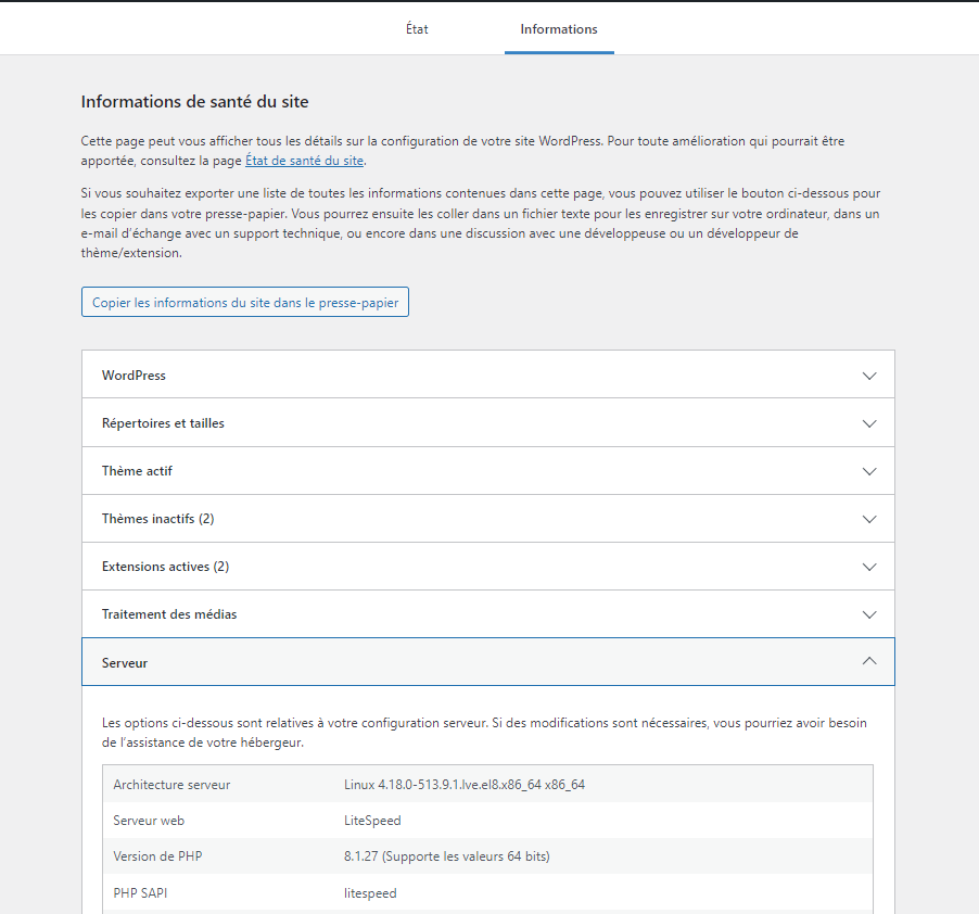 Section des informations du serveur dans le tableau de bord de WordPress