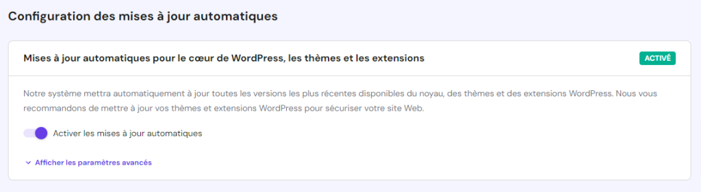 Section de configuration des mises à jour automatiques de WordPress dans hPanel