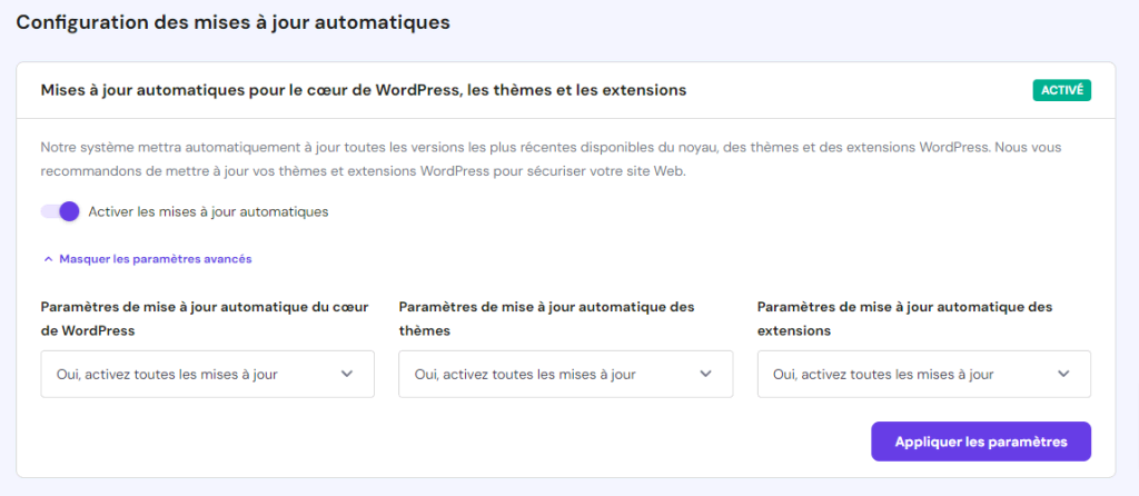 Section de configuration des mises à jour automatiques de WordPress dans le hPanel, montrant les réglages avancés