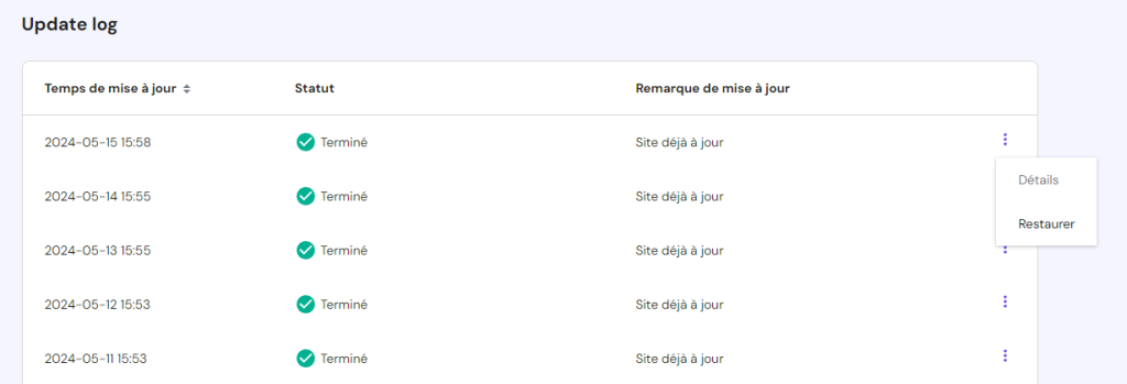 Journal des mises à jour dans le hPanel, montrant les options pour voir les détails de la mise à jour ou restaurer une ancienne mise à jour