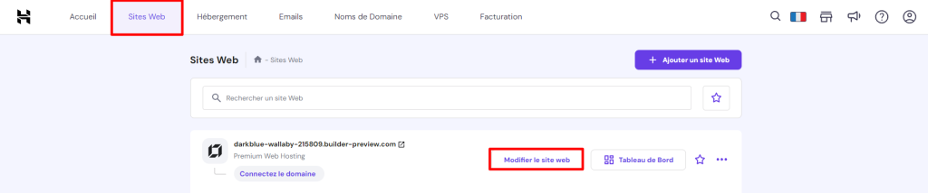 Menu Sites Web de hPanel avec bouton Modifier un site Web 