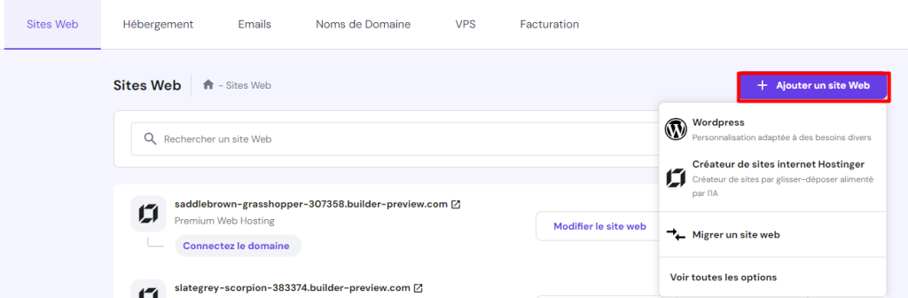 Menu Ajouter un site Web de hPanel 