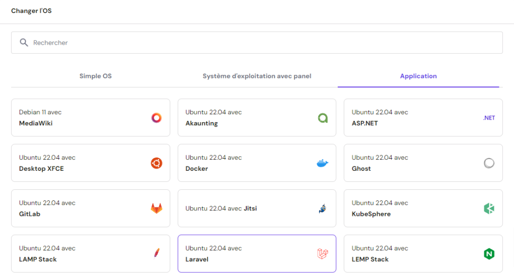 Menu de sélection du template du système d'exploitation dans hPanel