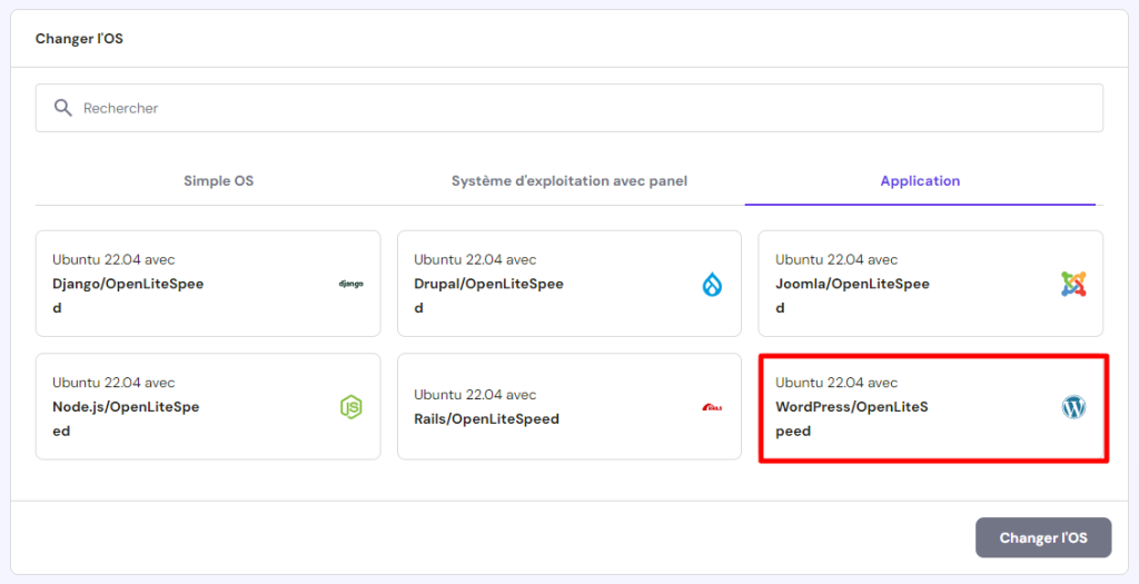 Menu de sélection du template du système d'exploitation du VPS dans hPanel