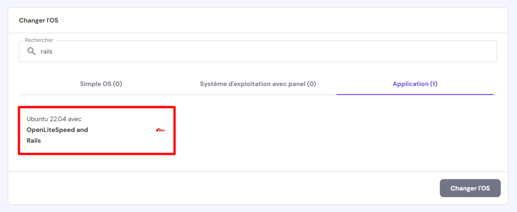 Le menu d'installation du système d'exploitation dans le tableau de bord VPS d'Hostinger