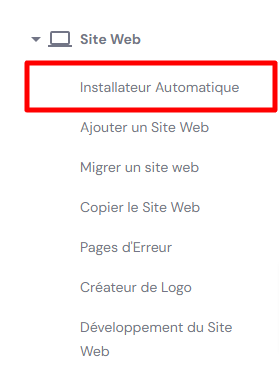 Installateur automatique dans le menu latéral de hPanel