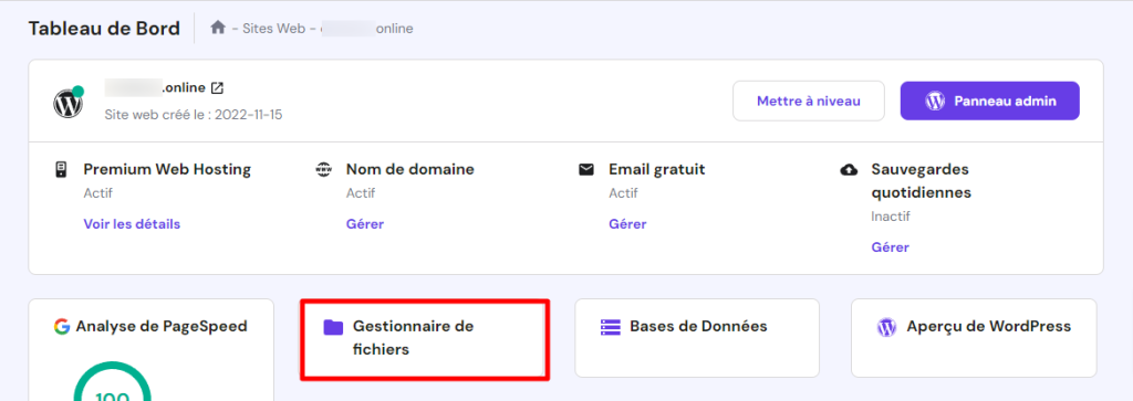 Bouton du gestionnaire de fichiers sur hPanel