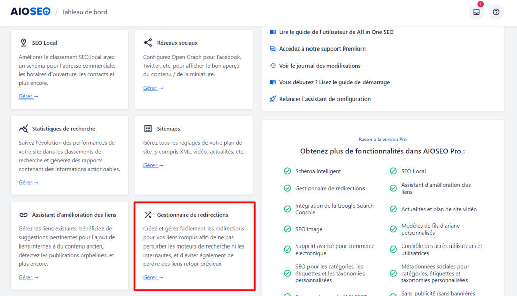 Le tableau de bord AIOSEO dans WordPress avec l'onglet Gestionnaire de Redirections surligné en rouge