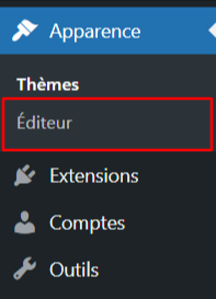 Le tableau de bord de WordPress avec le bouton de l'éditeur en surbrillance