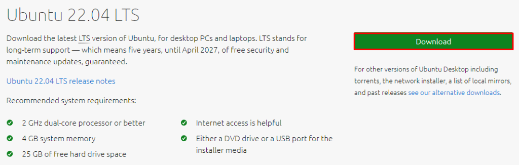 Page officielle de téléchargement de la distribution Linux de bureau - Ubuntu 22.04 LTS.