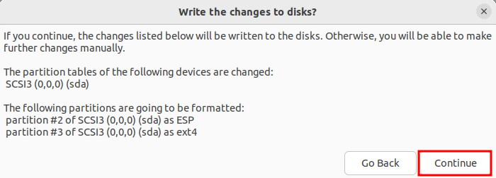Étape de l'installateur d'Ubuntu avertissant l'utilisateur de la partition racine qui sera créée