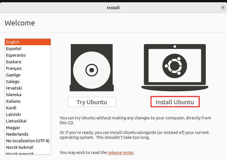 Étape du programme d'installation d'Ubuntu permettant de choisir la langue principale.