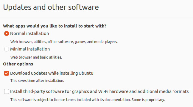 Étape de l'installateur d'Ubuntu permettant de sélectionner les paramètres de mise à jour et de spécifier si l'utilisateur souhaite une installation normale ou minimale
