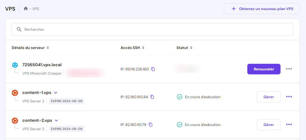 La liste des utilisateurs VPS dans le menu VPS de hPanel