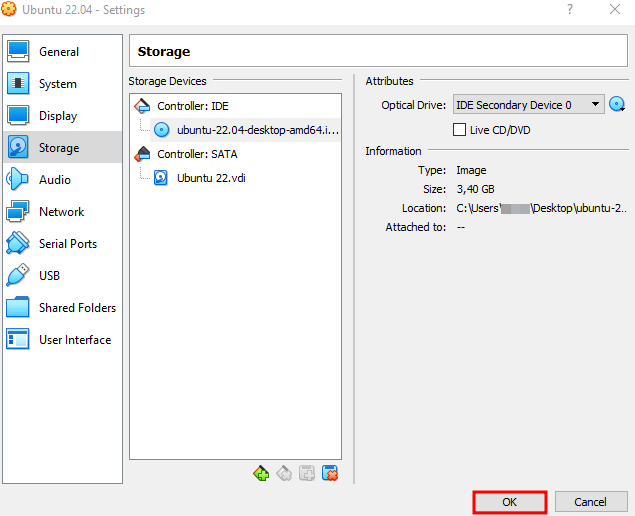 Paramètres de stockage de VirtualBox