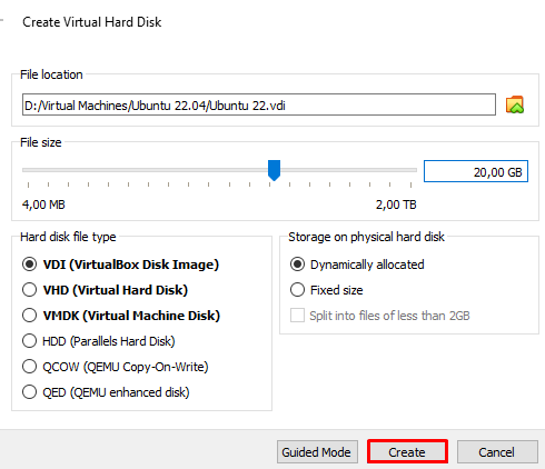 Fenêtre VirtualBox pour spécifier la taille, le type et le stockage du disque dur