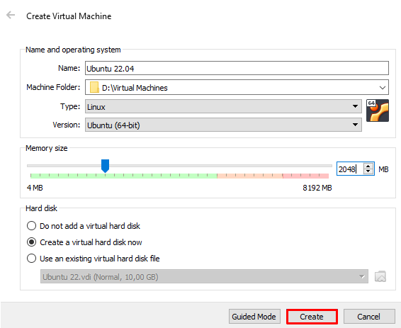 Fenêtre VirtualBox pour spécifier le nom de la machine virtuelle et la taille de la mémoire