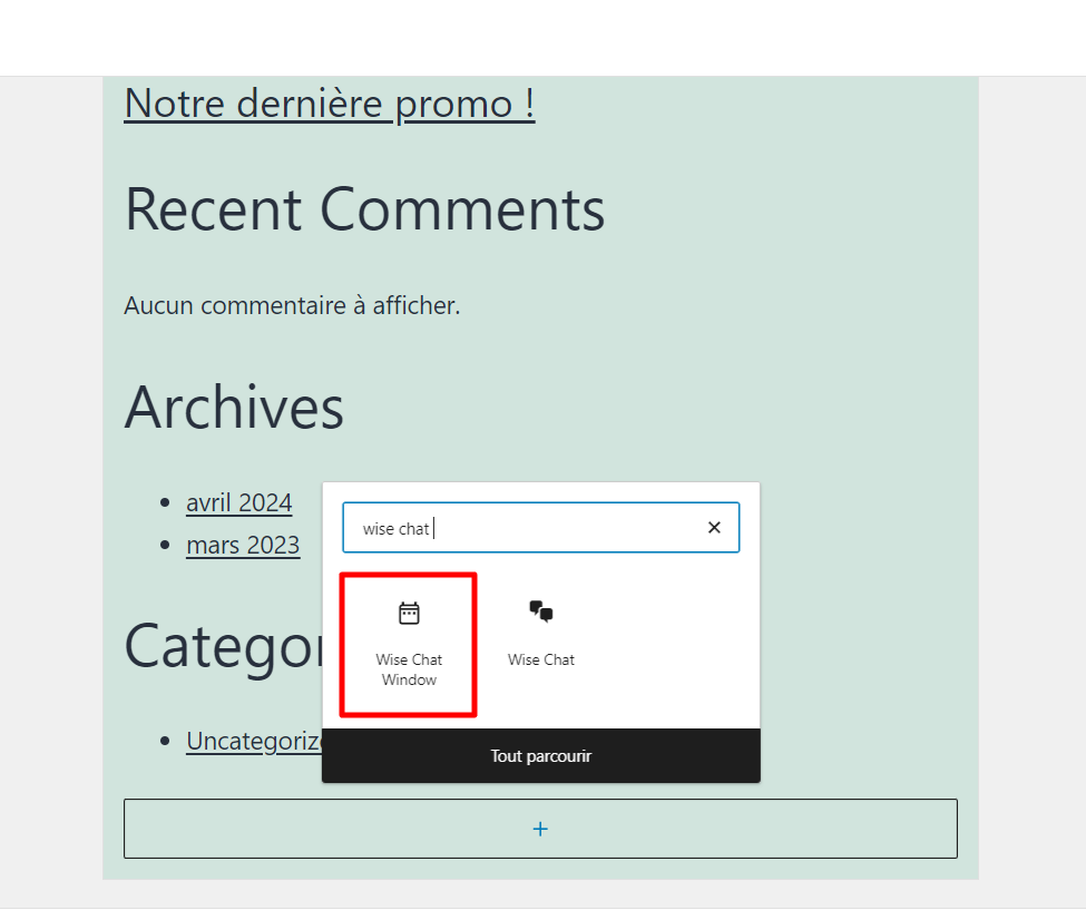 La fenêtre Wise Chat sur l'écran WordPress Widgets