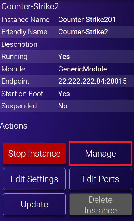 Le bouton Gérer pour accéder à l'instance de Counter-Strike 2